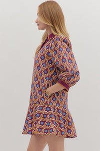 Maya- Wine Geometric print long puff sleeve mini dress