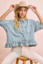 Load image into Gallery viewer, Light wash denim ruffled hem button up
