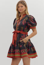 Load image into Gallery viewer, Floral Elegance- Black Floral pattern contrast hem button down dress
