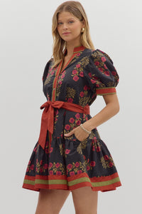 Floral Elegance- Black Floral pattern contrast hem button down dress