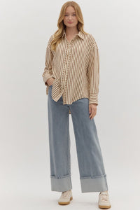 Oxford- Chocolate striped textured button up top