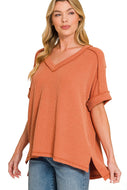 Basic ribbed Burnt Orange V-neck casual top