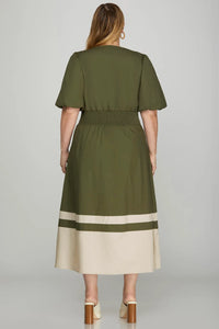 Plus Elen- Olive BUBBLE SLEEVE FRONT ZIP COLOR BLOCK MIDI DRESS WITH SIDE ZIPPER AND POCKETS