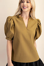 Load image into Gallery viewer, Light olive Puff Sleeve Ruffle V-Neck Textured Top
