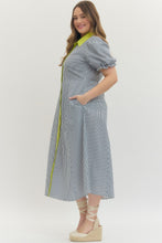 Load image into Gallery viewer, Navy Stripe print short puff sleeve midi dress
