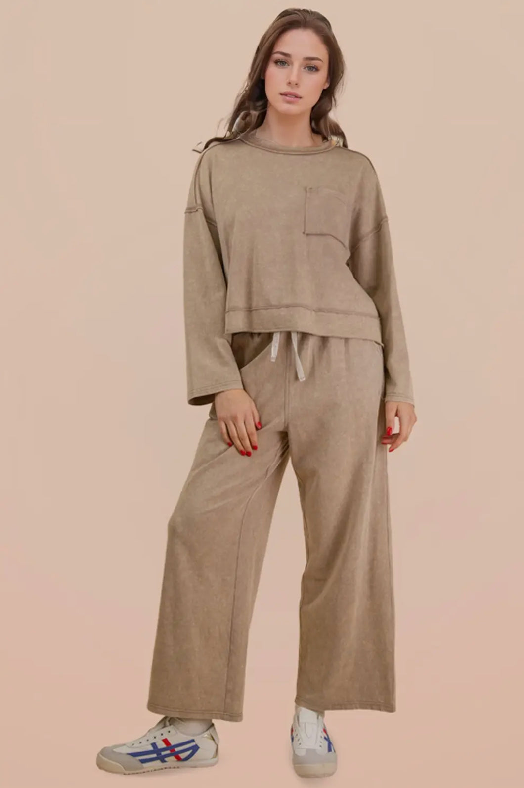 Two piece mineral washed taupe wide leg set