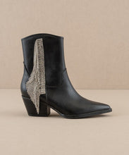 Load image into Gallery viewer, ROWAN - black pointy western black booties with rhinestone fringe detail
