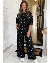 Load image into Gallery viewer, Black polka dot crewneck two piece wide leg pants set
