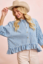 Load image into Gallery viewer, GINGHAM CHECK WOVEN RUFFLED HEM BUTTON UP SHIRT
