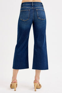 RISEN JEANS- Tummy Control High waisted dark wash raw hem cropped jeans