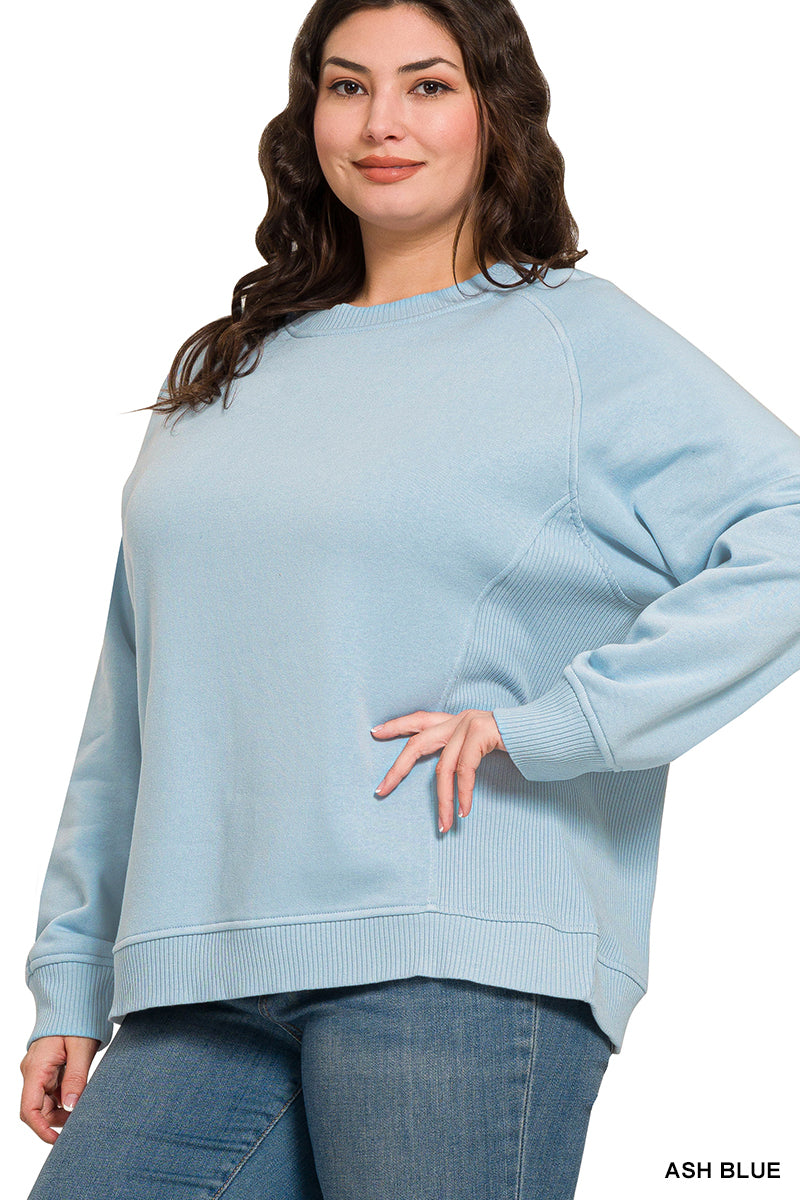 Plus Morgan- Ash Blue Ribbed side raglan sweatshirt