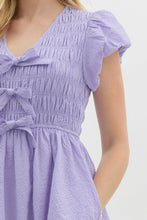 Load image into Gallery viewer, ZAIRA- Solid textured lavender  bubble sleeve fit and flare dress with bow details
