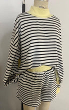 Load image into Gallery viewer, Plus size two piece set- White/ black pastel yellow mock neck striped with pink details

