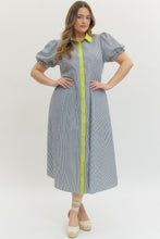 Load image into Gallery viewer, Navy Stripe print short puff sleeve midi dress
