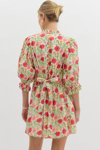 GLORY- Floral print elasticated ¾ sleeve pullover mini swing dress