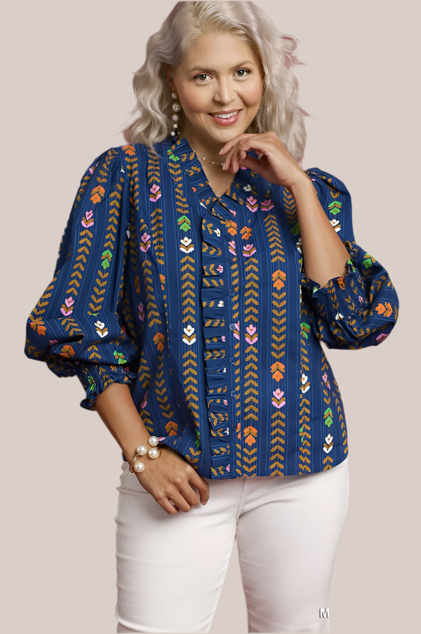 Plus Lala- Umgee exclusive midnight printed Victorian collared top