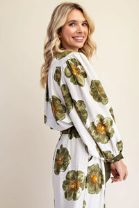 Dalia- Olive Large Floral Print wide leg button down top