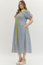 Load image into Gallery viewer, Navy Stripe print short puff sleeve midi dress
