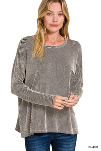 Reno-Black Ribbed oversized long sleeve top