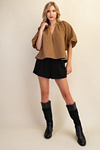 Zee- Deep Mocha Textured Puff sleeve top