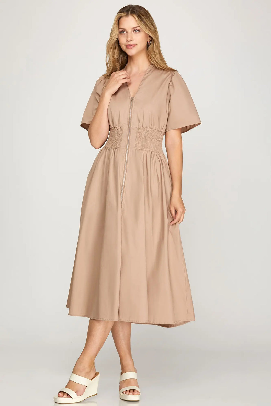 Zanine- Taupe SHORT SLEEVE SMOCKED WAIST FRONT ZIP MIDI DRESS