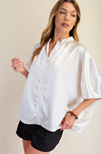 Vasia- Textured cream silk stamped zip front top