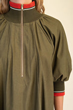 Load image into Gallery viewer, Soho- Olive/rust High collared mock neck quarter zip dress with pockets
