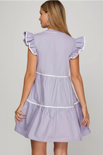 Load image into Gallery viewer, LILY- Lilac RUFFLE SLEEVE TIERED WOVEN DRESS WITH CONTRAST PIPING AND POCKETS
