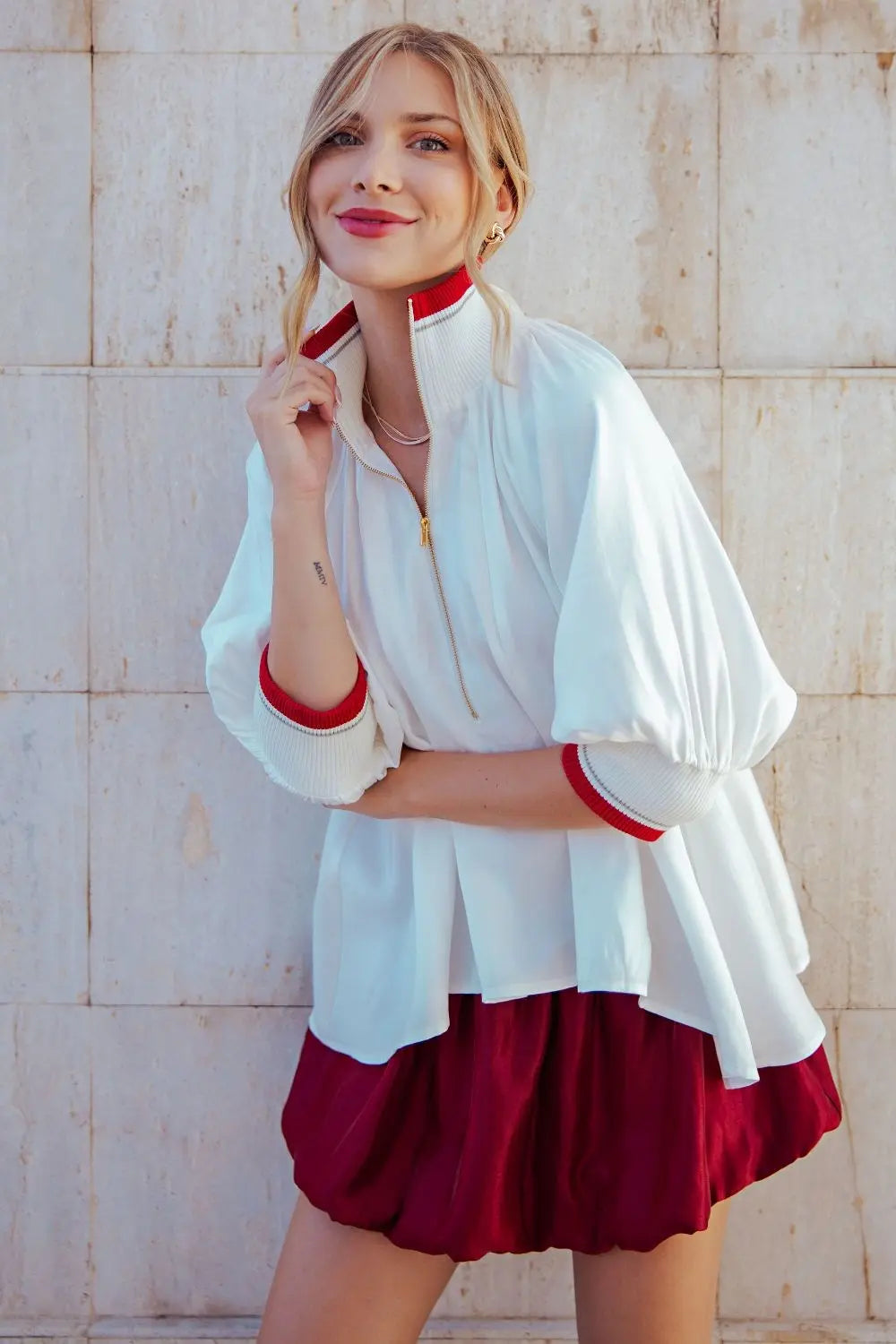 Ayla- White/ Red high half zip collar puff sleeve top