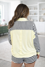Load image into Gallery viewer, Two piece set- White/Black mock neck striped with pastel yellow details
