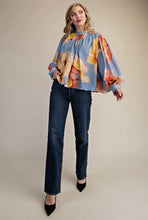 Load image into Gallery viewer, Natali- Blue floral print voluminous button up blouse V28 LLL
