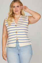 Load image into Gallery viewer, Curvy sizes- NITSA- Blue striped sleeveless vest gold buttons

