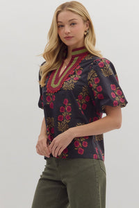 Botanical Garden- Floral print short bubble sleeve top