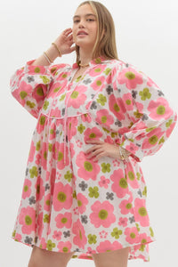 PLUS IZET- Pink fun Floral combo babydoll dress with  pockets