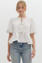 Load image into Gallery viewer, MYLIE- Off white Solid puff sleeve peplum  self bow tie  top
