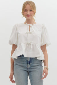 MYLIE- Off white Solid puff sleeve peplum  self bow tie  top