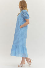 Load image into Gallery viewer, ENTRO- Blue Eyelet short puff sleeve midi dress
