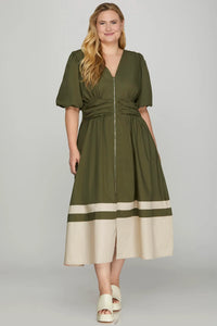 Plus Elen- Olive BUBBLE SLEEVE FRONT ZIP COLOR BLOCK MIDI DRESS WITH SIDE ZIPPER AND POCKETS