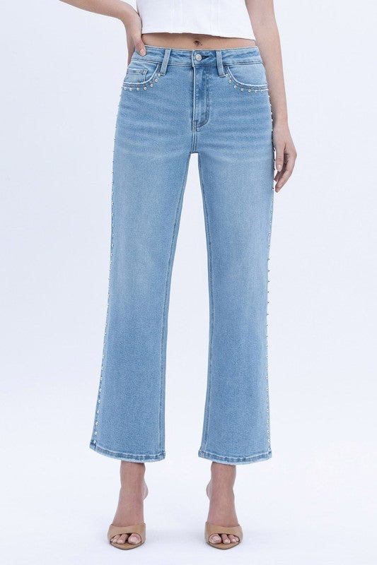 LOVERVET - High Rise Ankle studded slim wide leg Jeans LV1964