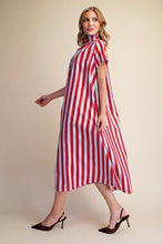 Load image into Gallery viewer, Glam powder blue/red Striped Stand High Neck Stripe Midi Dress
