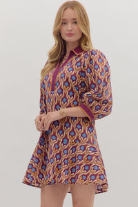 Maya- Wine Geometric print long puff sleeve mini dress