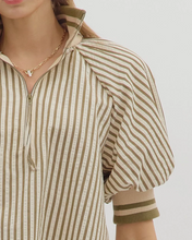 Load image into Gallery viewer, Belle- Olive Stripe pattern half-zip closure short puff sleeve top
