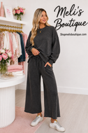 Washed black fleece two piece cropped wide leg sweatsuit