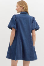 Load image into Gallery viewer, OLIVIA- dark wash Denim short bubble sleeve swing mini dress featuring accented gold buttons
