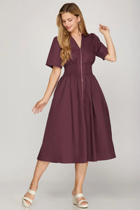 Zanine- Plum SHORT SLEEVE SMOCKED WAIST FRONT ZIP MIDI DRESS