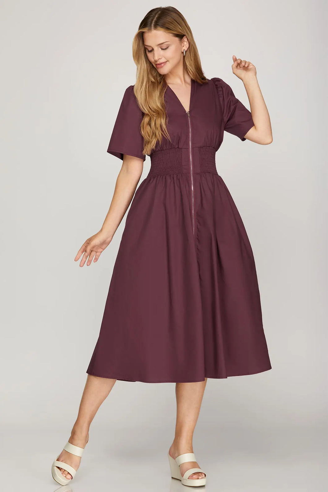 Zanine- Plum SHORT SLEEVE SMOCKED WAIST FRONT ZIP MIDI DRESS