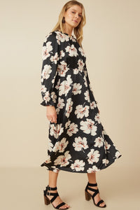 HAYDEN- Black Floral Midi length cinched cuff dress