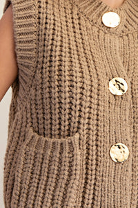 Lyndy- Taupe thick knit Gold Button Vest