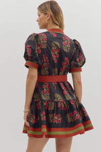 Floral Elegance- Black Floral pattern contrast hem button down dress