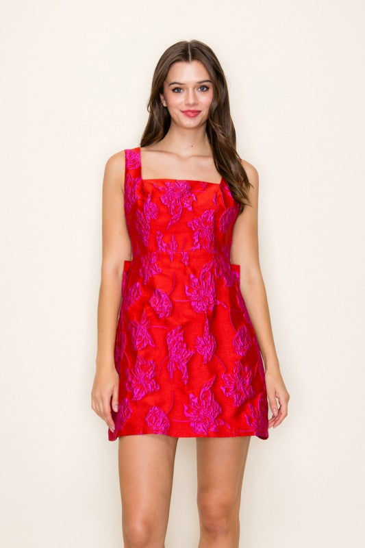 LETA- Red/ dark fuchsia jacquard detachable back bow mini dress